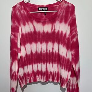 DKNY Jeans‎ Women's Pink White Tie Dye Dolman Long Sleeve Pullover Sweater Large